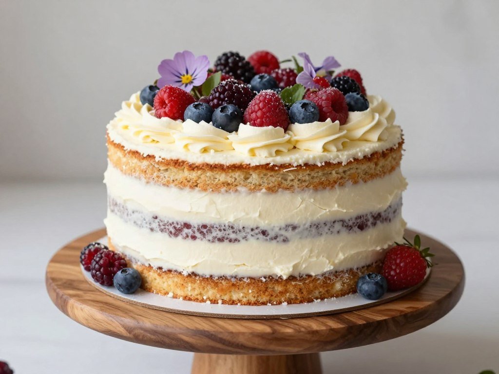 Rustic naked happy birthday cake with berries and buttercream Rustic naked happy birthday cake with berries and buttercream