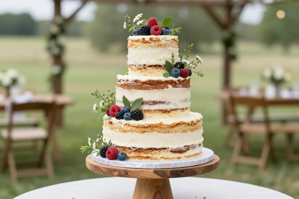 Rustic naked wedding cake with visible layers, fresh berries, and wildflowers