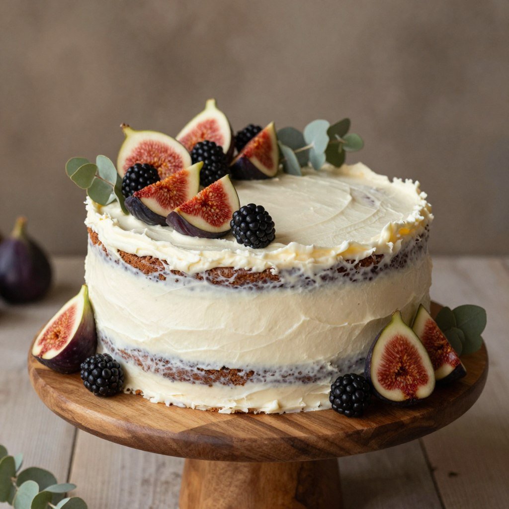 Rustic semi-naked cake with fresh figs and greenery