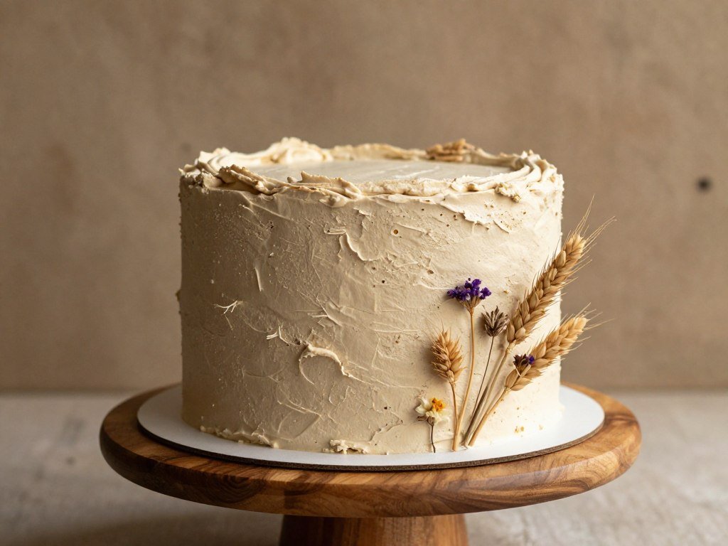 Rustic textured cake with dried flowers and natural elements