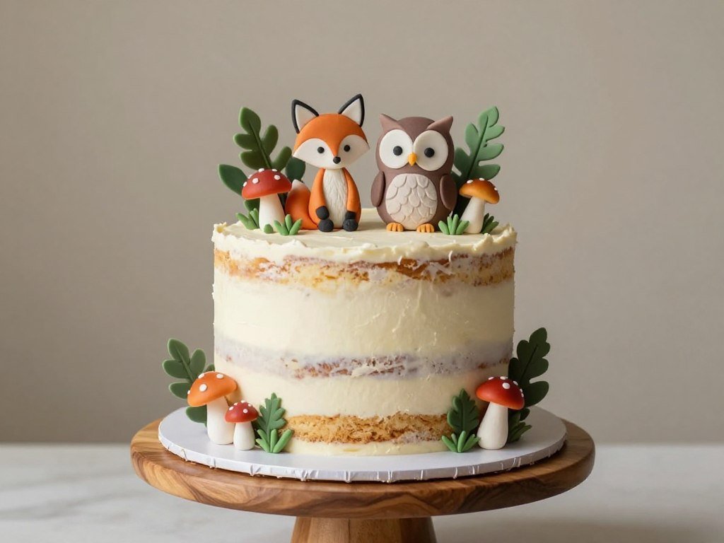 Rustic woodland baby shower cake with fondant fox and owl toppers