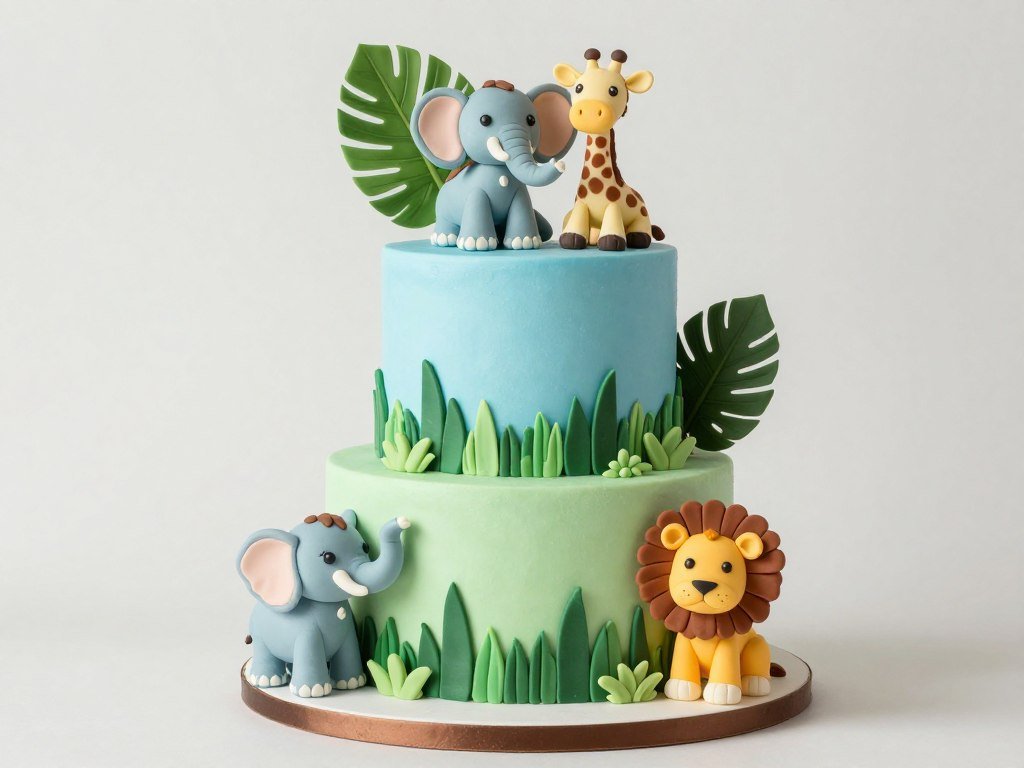 Safari animal baby shower cake with fondant elephant, giraffe, and lion