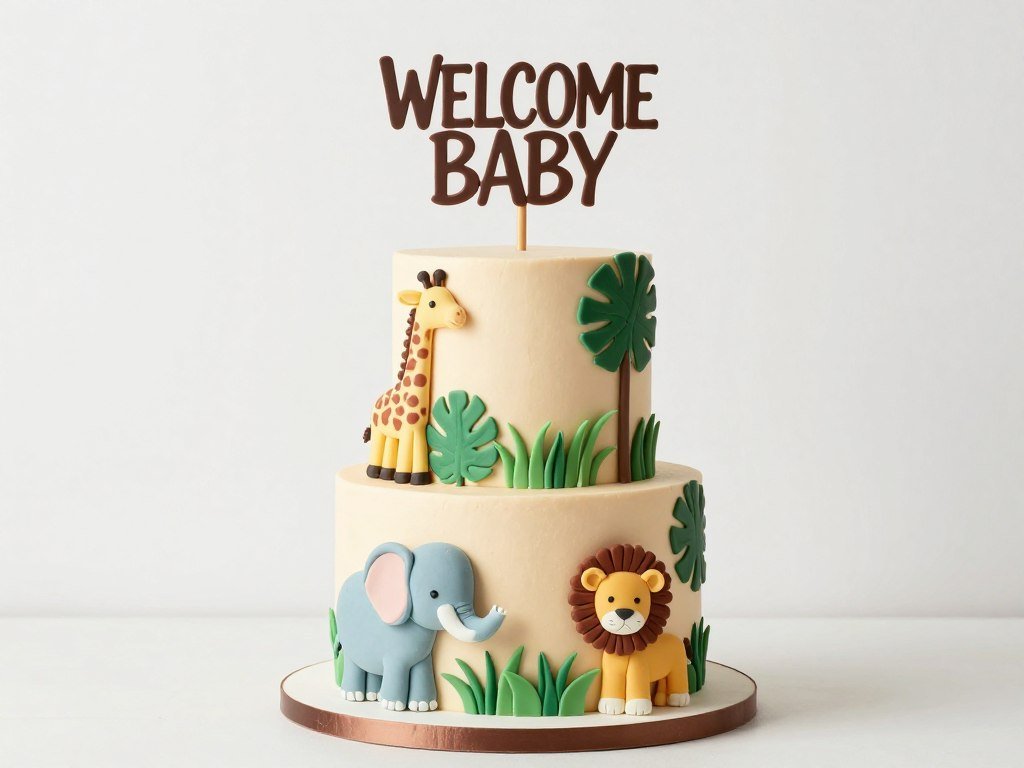 Safari themed baby shower cake with fondant animals and tropical leaves