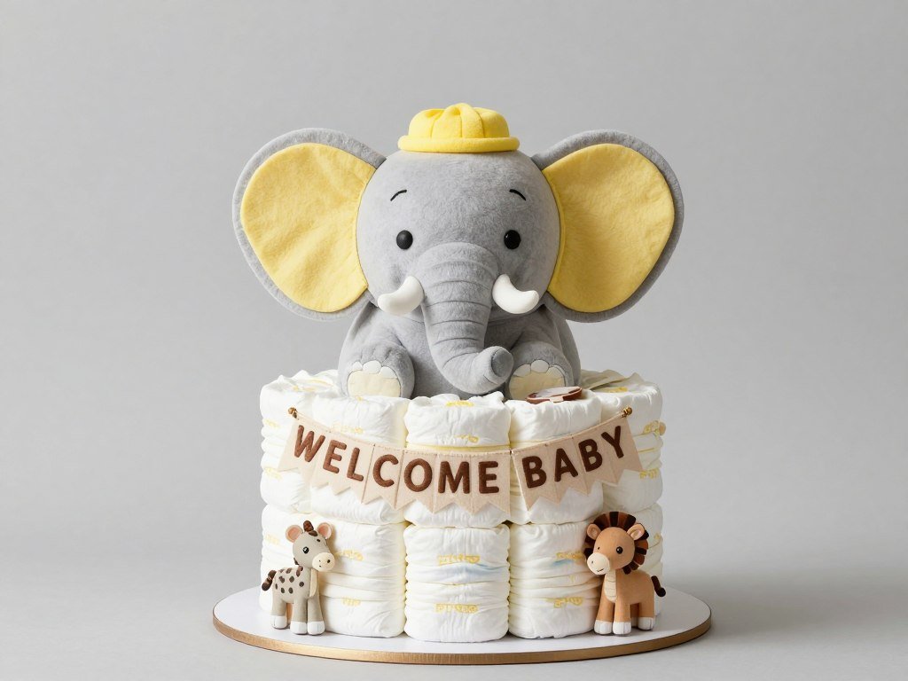 Safari themed diaper cake shaped like an elephant