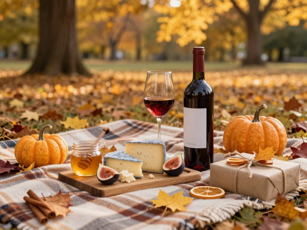 Seasonal autumn birthday picnic with fall foliage for happy birthday beautiful celebration
