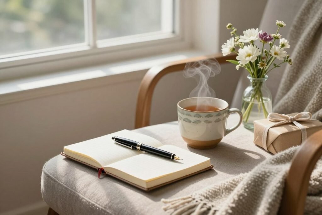 Self-care birthday setup with journal and flowers for happy birthday beautiful celebration