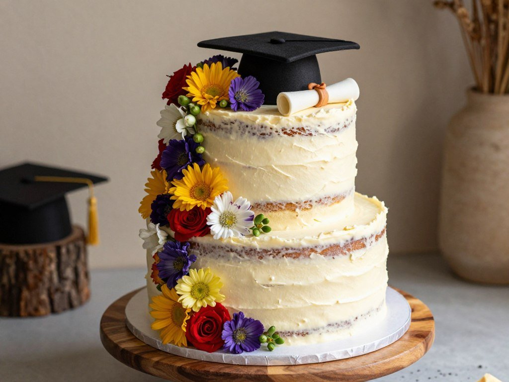 Semi-naked graduation cake with fresh flowers and rustic elements