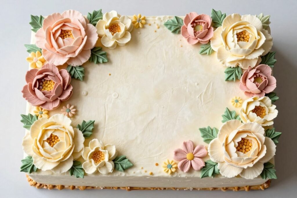 Sheet cake decorated with buttercream flower garden featuring various piped blooms and greenery
