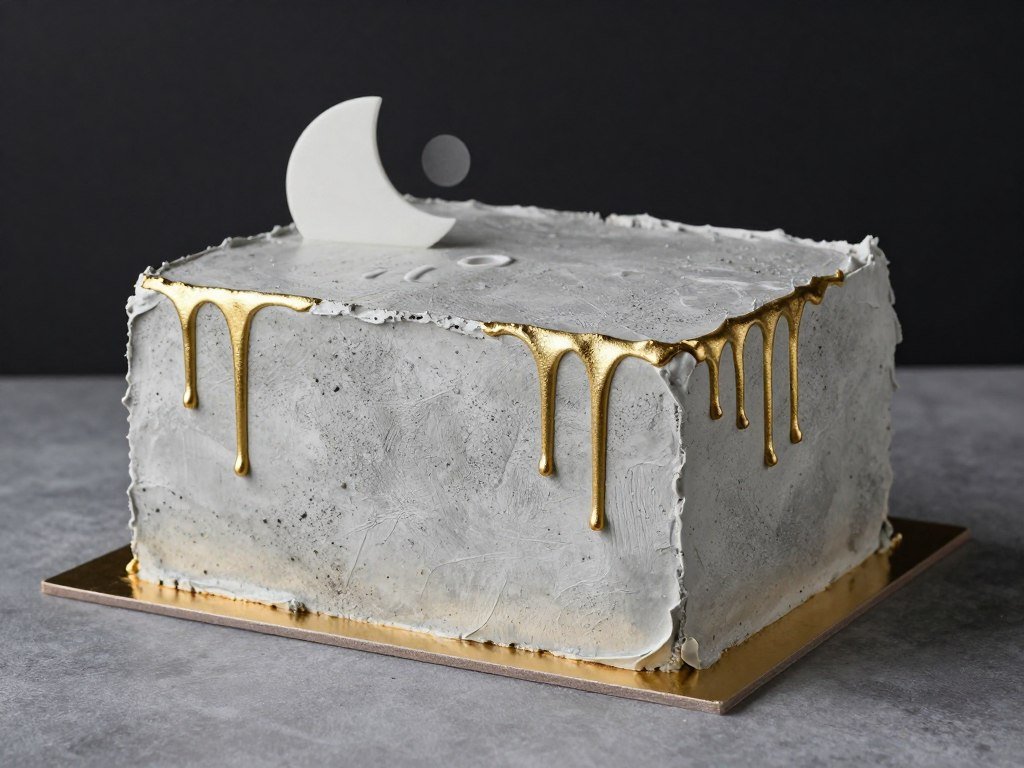 Sheet cake with modern textural design featuring concrete effect frosting and gold drip