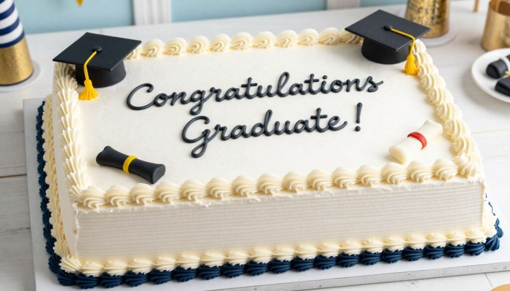 Sheet cake with simple graduation decorations and congratulatory message