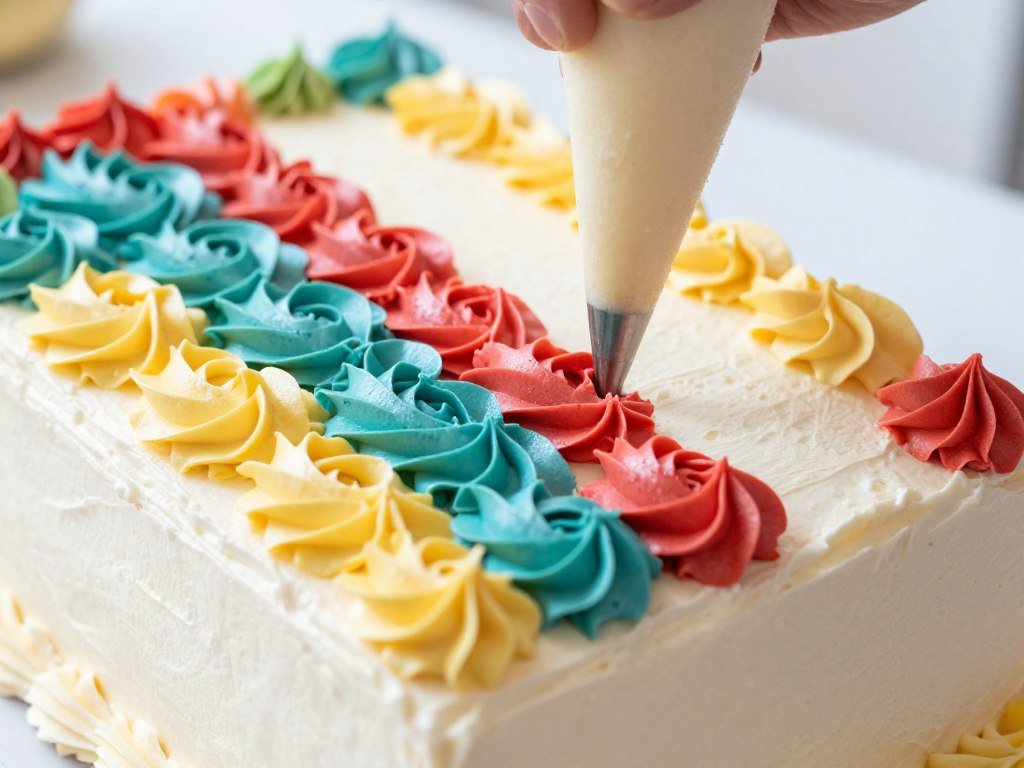 Sheet cake with smooth buttercream frosting being decorated with colorful piped rosettes in a rainbow pattern