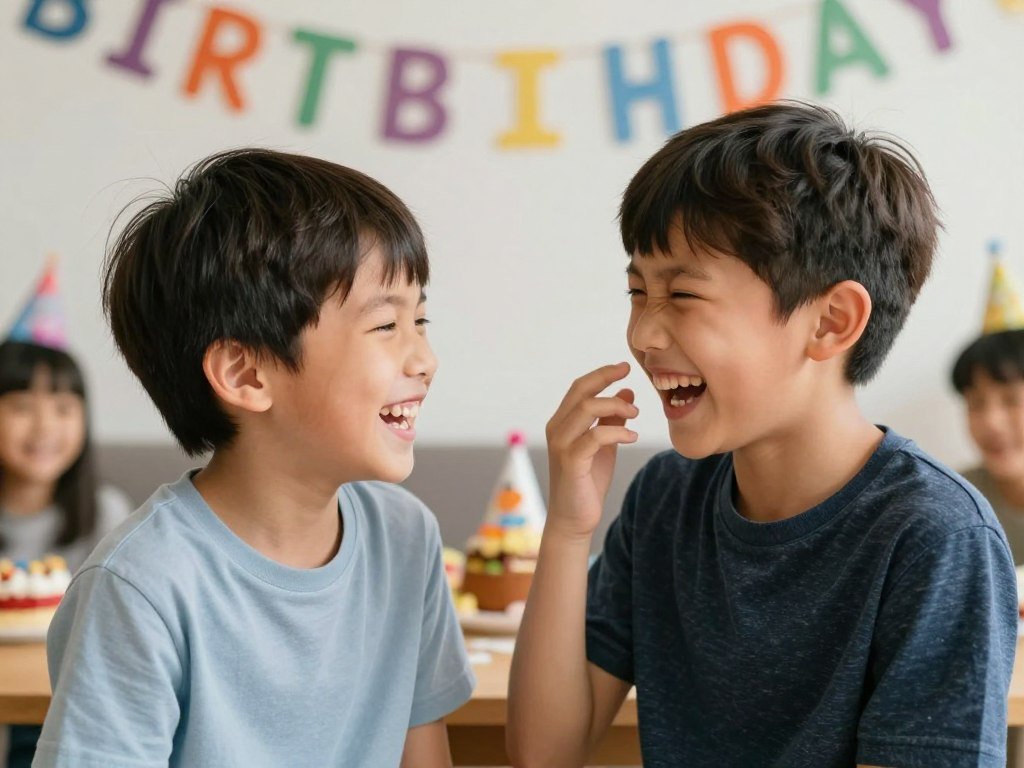 Siblings laughing and teasing each other at a birthday party
