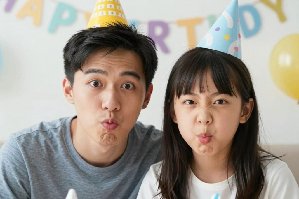 Siblings making funny faces at a birthday celebration with happy birthday brother from sister theme Siblings making funny faces at a birthday celebration with happy birthday brother from sister theme