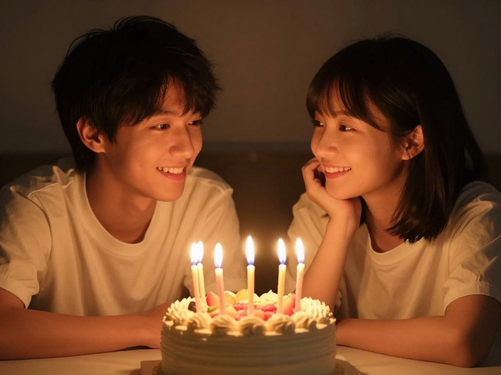 Siblings sharing a birthday cake with candles lit Siblings sharing a birthday cake with candles lit