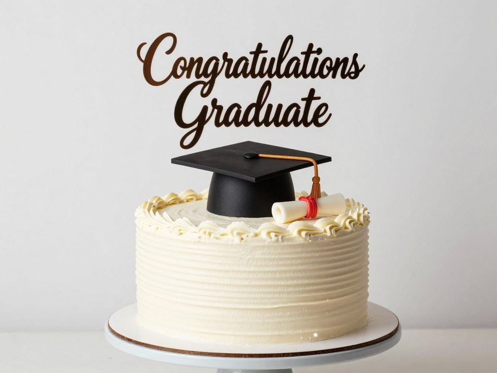 Simple cake with elaborate graduation cake topper