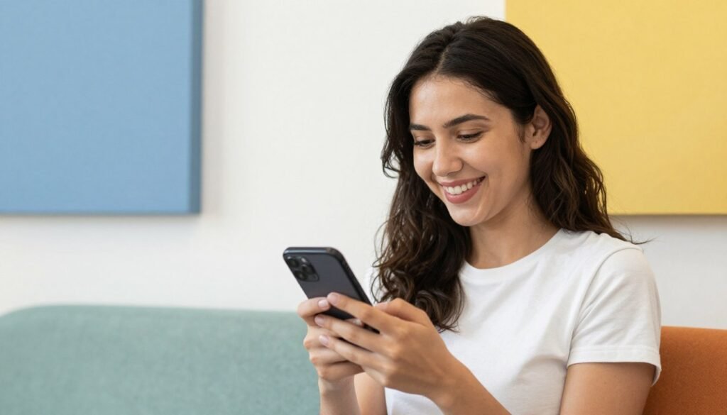 Sister looking at phone with birthday message, perfect for emoji quotes Sister looking at phone with birthday message, perfect for emoji quotes