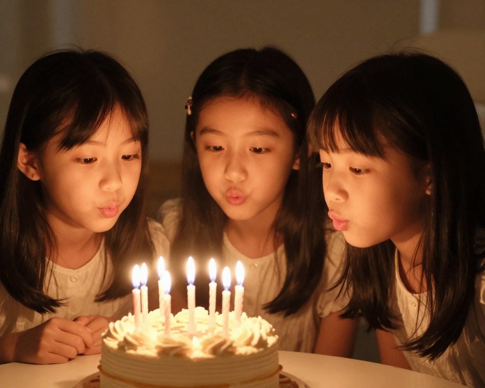 Sisters blowing out birthday candles together in what appears to be an annual tradition