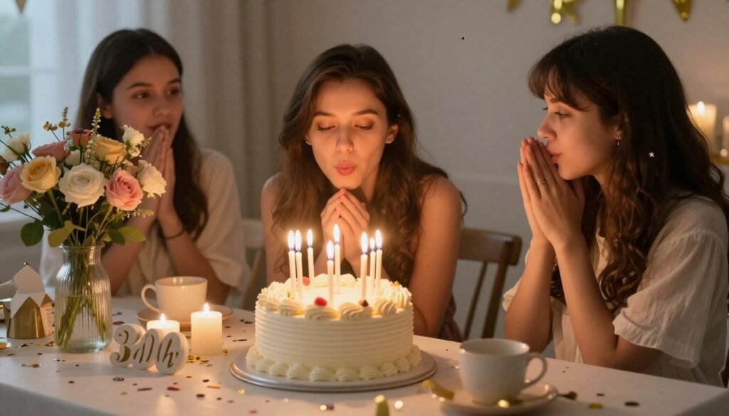Sisters celebrating a birthday with a beautifully decorated table setting and cake