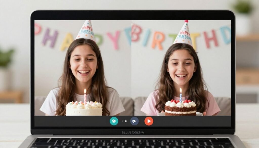 Sisters having a virtual birthday celebration on video call with decorations visible on both ends