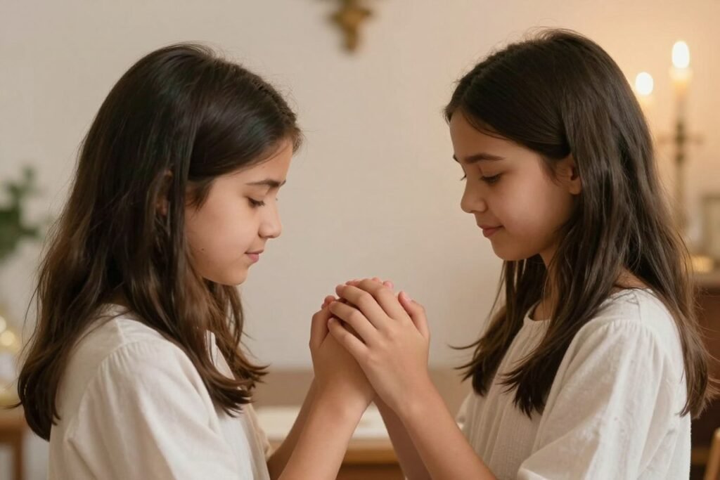Sisters holding hands in a moment of prayer or blessing on a birthday