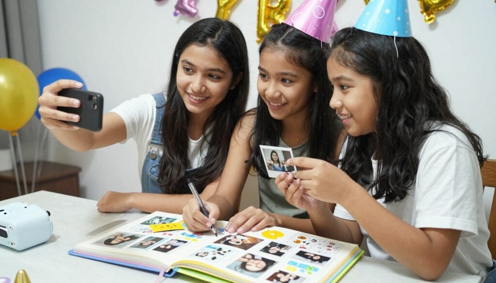 Sisters taking photos and documenting a birthday celebration together