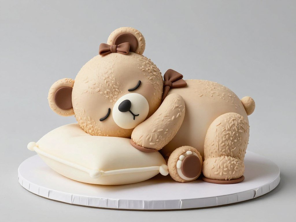 Sleeping teddy bear baby shower cake in neutral colors