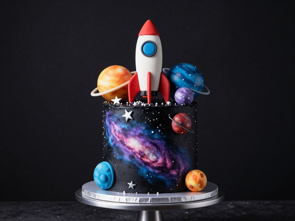 Space galaxy birthday cake with planets and stars