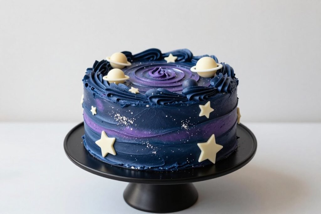 Space-themed birthday cake with galaxy frosting and fondant planets Space-themed birthday cake with galaxy frosting and fondant planets