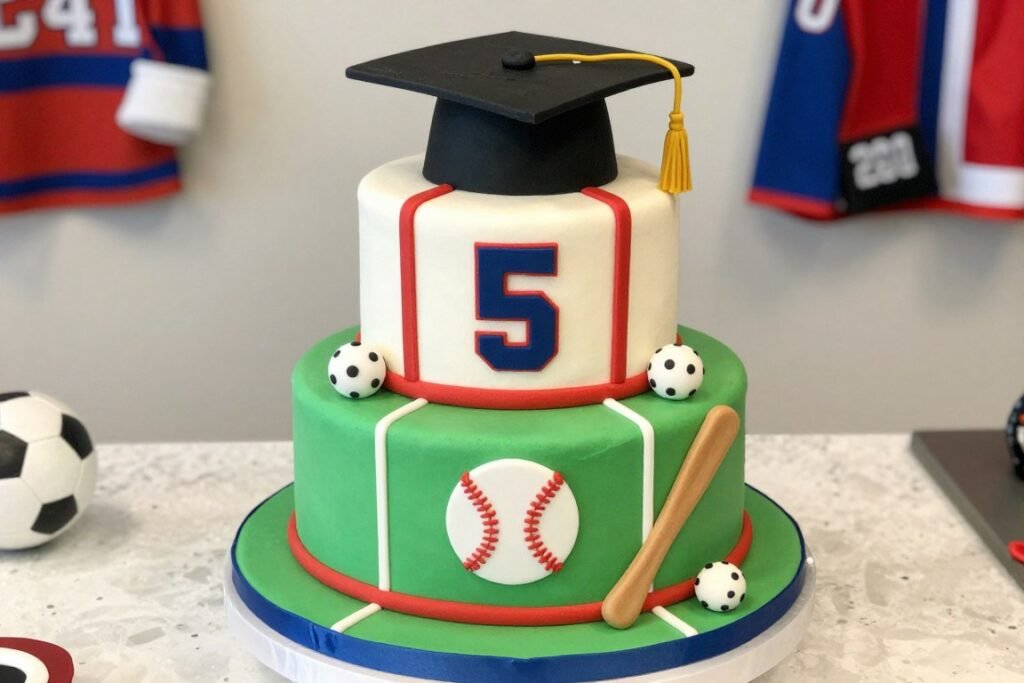 Sports-themed graduation cake with athletic equipment and jersey number