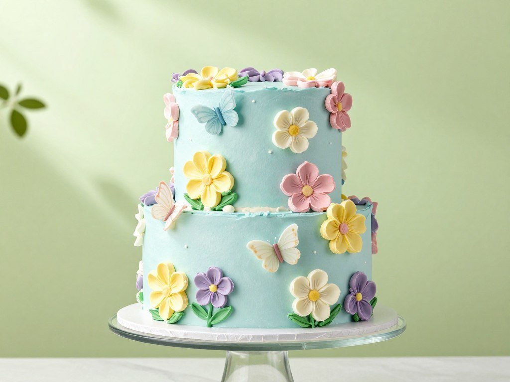 Spring cake with buttercream flowers in pastel colors
