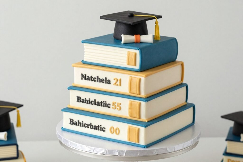 Stacked books graduation cake with school colors and graduate's name