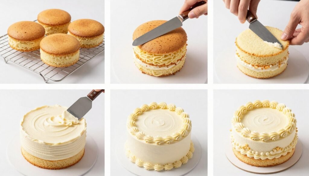 Step-by-step bento cake creation process showing baking, leveling, frosting, and decorating stages