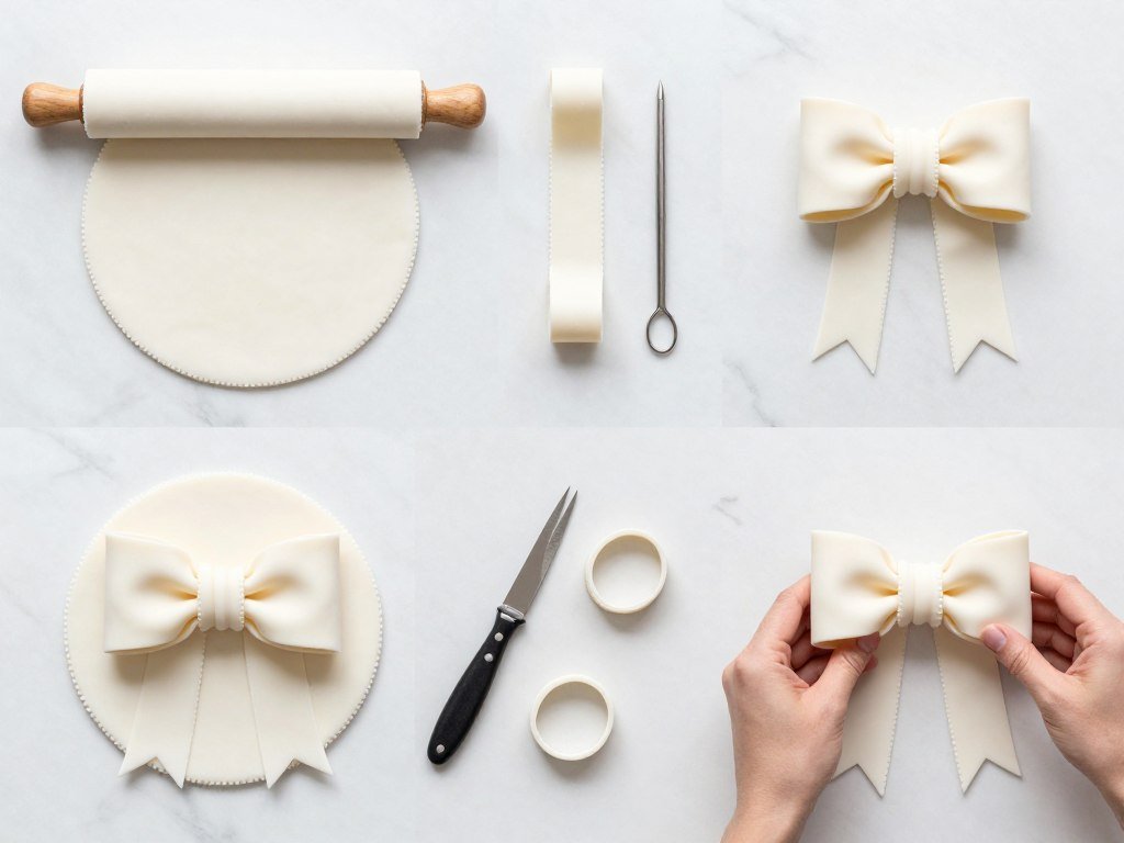 Step-by-step process of creating a fondant bow cake design