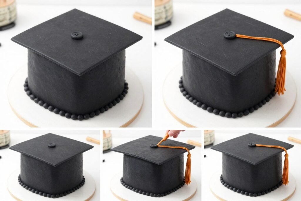 Step-by-step process of creating a graduation cap cake with fondant