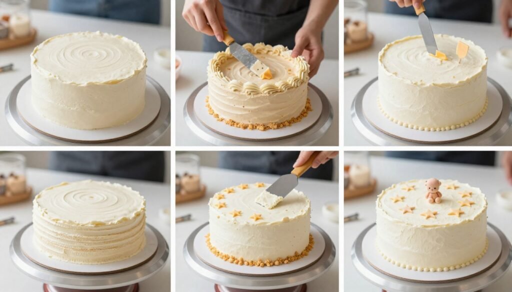 Step-by-step process of decorating a baby shower cake at home