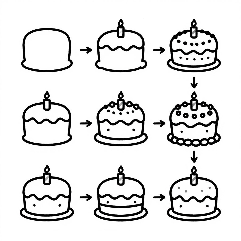 Step-by-step tutorial showing how to draw a simple happy birthday cake doodle