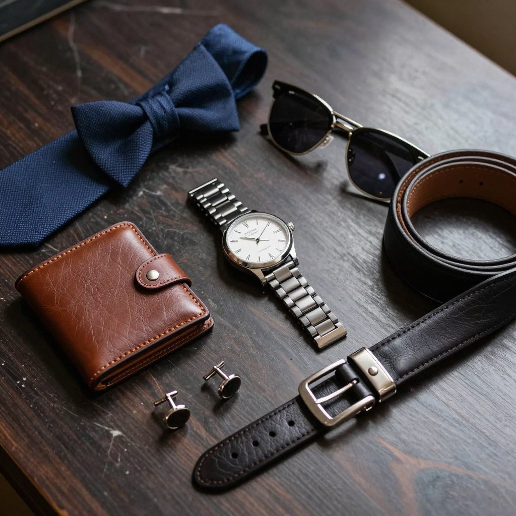 Stylish men's accessories arranged as birthday gifts, happy birthday male gift ideas