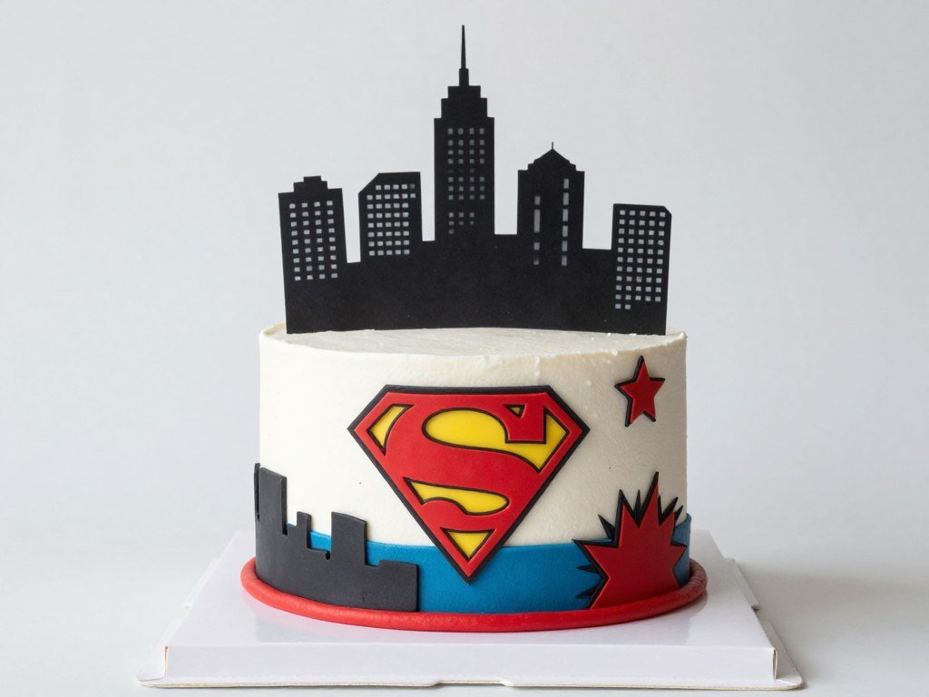 Superhero cake with comic book style decorations and city skyline