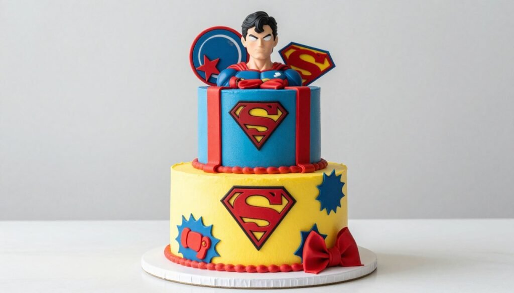 Superhero themed birthday cake for kids with comic book colors and superhero logo decorations