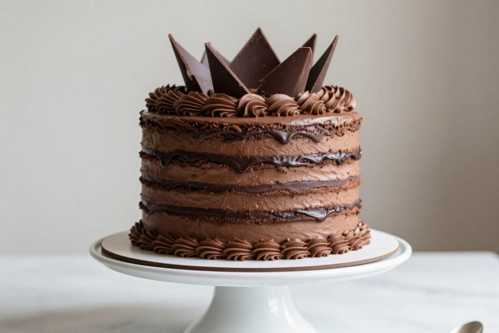 Tall layered chocolate cake with visible layers and decorative side design Tall layered chocolate cake with visible layers and decorative side design
