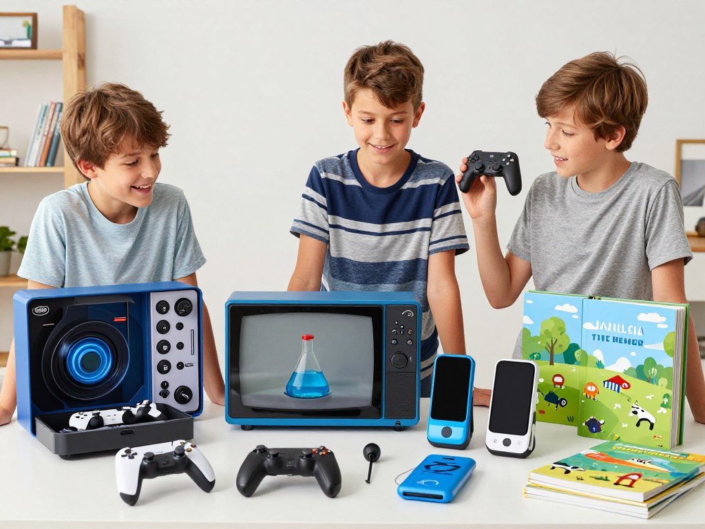 Tech and hobby-related gifts appropriate for pre-teen boys displayed together