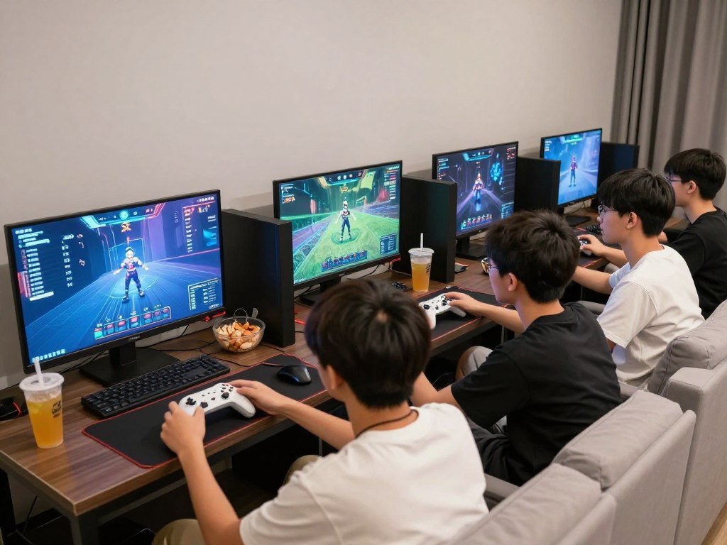 Teenagers enjoying a gaming tournament birthday party with multiple screens and controllers