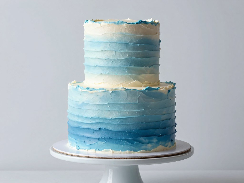 Textured buttercream cake with horizontal combed pattern in blue ombre effect