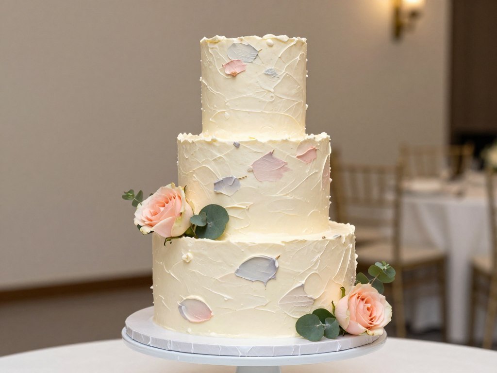 Textured buttercream wedding cake with palette knife technique and fresh flower accents