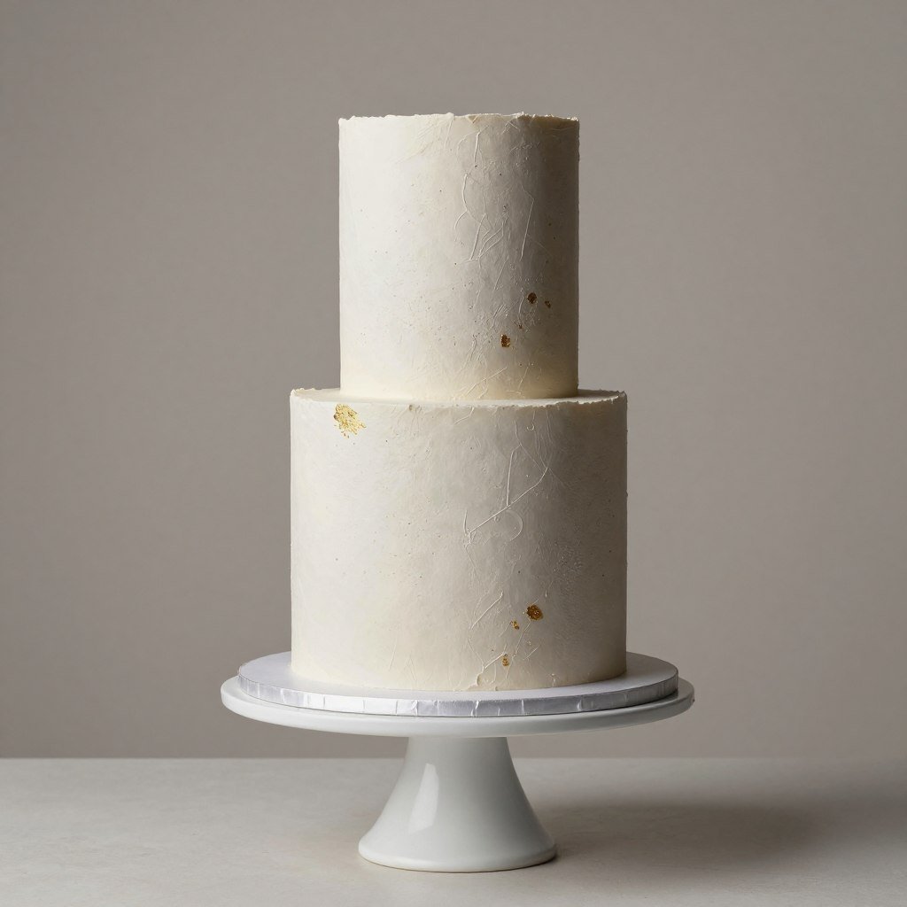Textured minimalist wedding cake with concrete-inspired finish and gold leaf accents