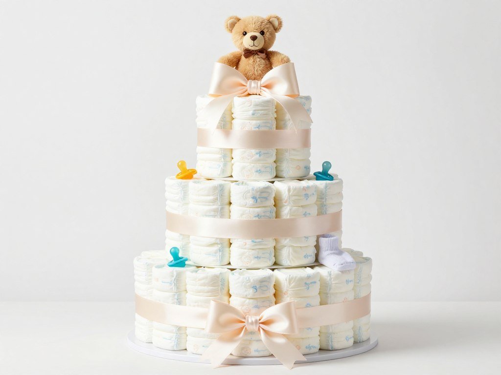 Three-tier diaper cake with baby essentials and ribbon decorations