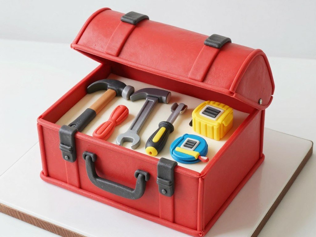 Toolbox cake with fondant tools and realistic metal finish for a handyman or construction worker