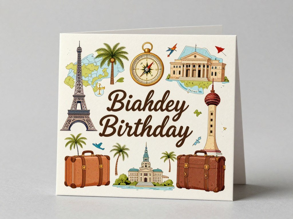 Travel-themed happy birthday card with global imagery