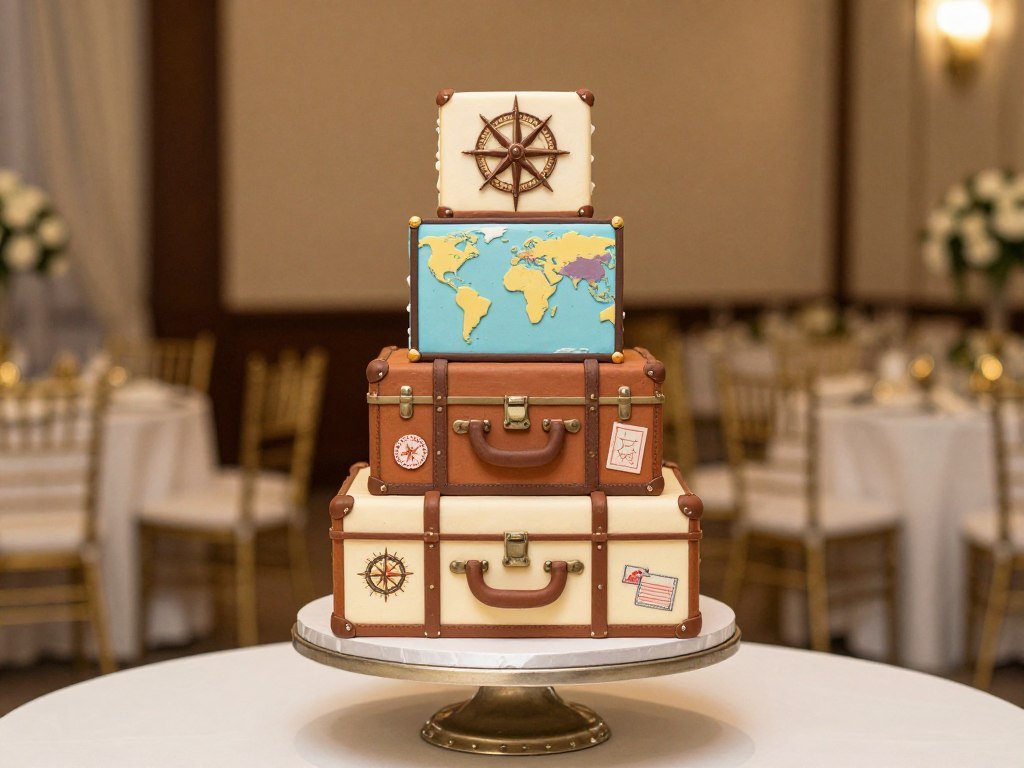 Travel-themed wedding cake with suitcase design and world map details