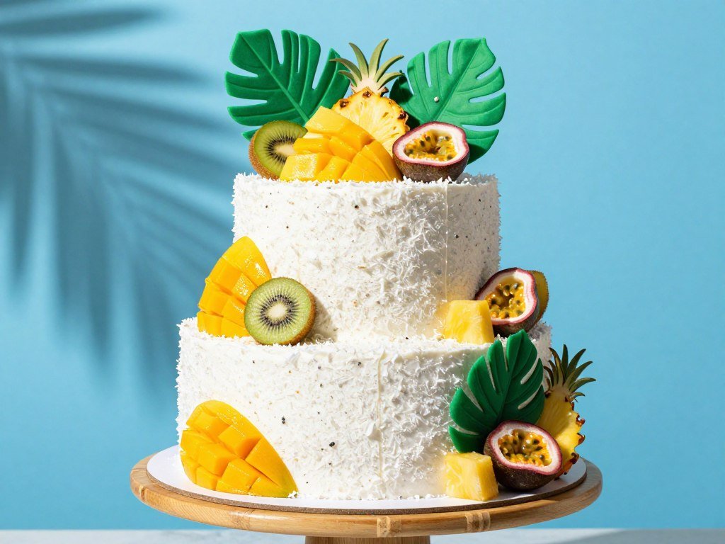 Tropical summer cake with fresh fruit and coconut
